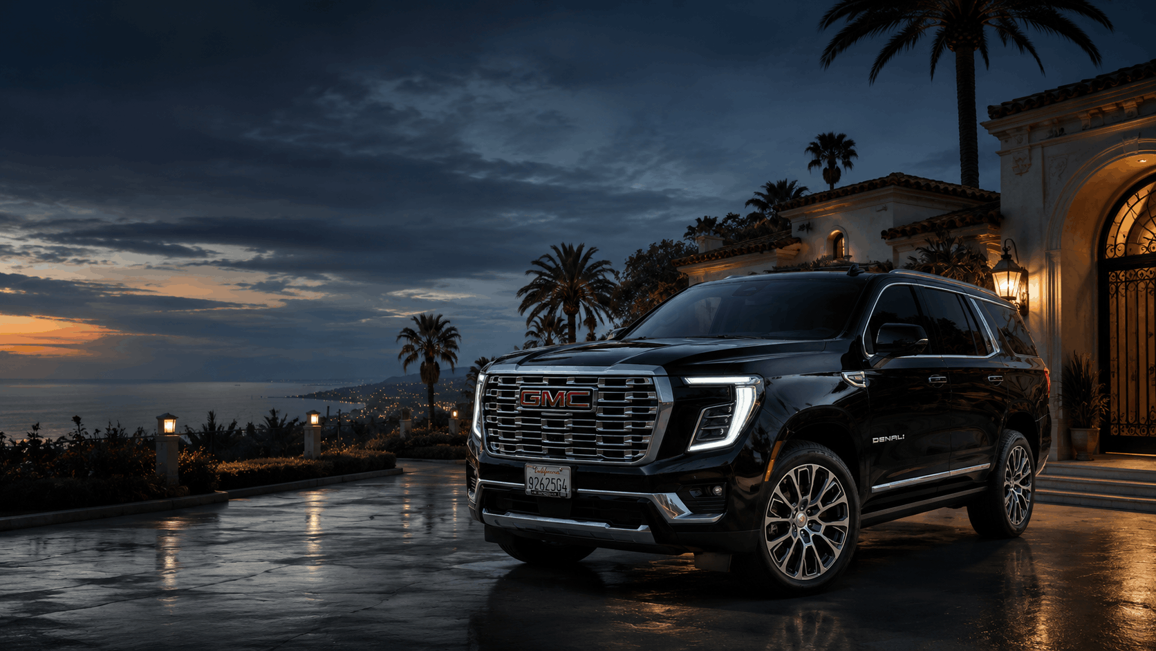 Black 2025 GMC Yukon Denali at a Santa Barbara coastal estate at dusk